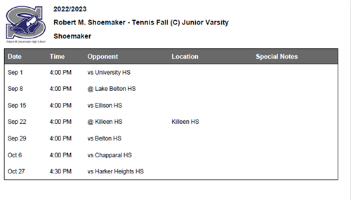 JV Tennis Schedule